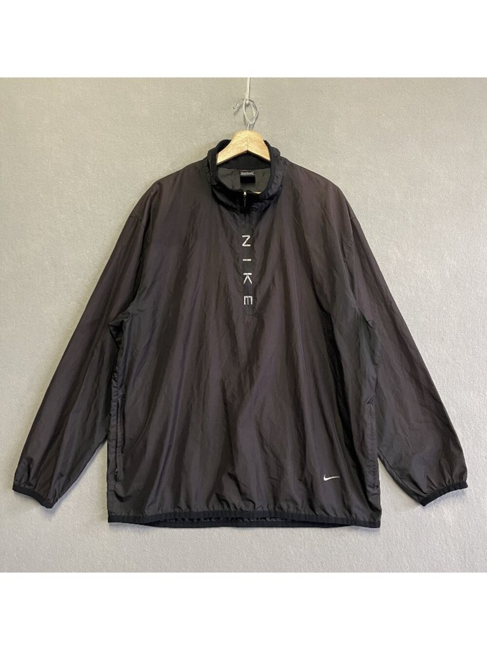 Vintage 90s Nike Black Nylon Windbreaker Jacket Vertical Spell-Out Half-Zip L